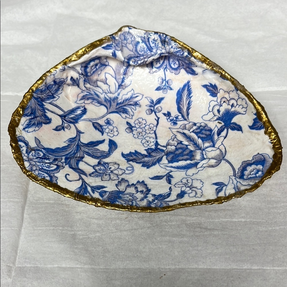 Hand Crafted Blue Floral Trinket Shell Dish